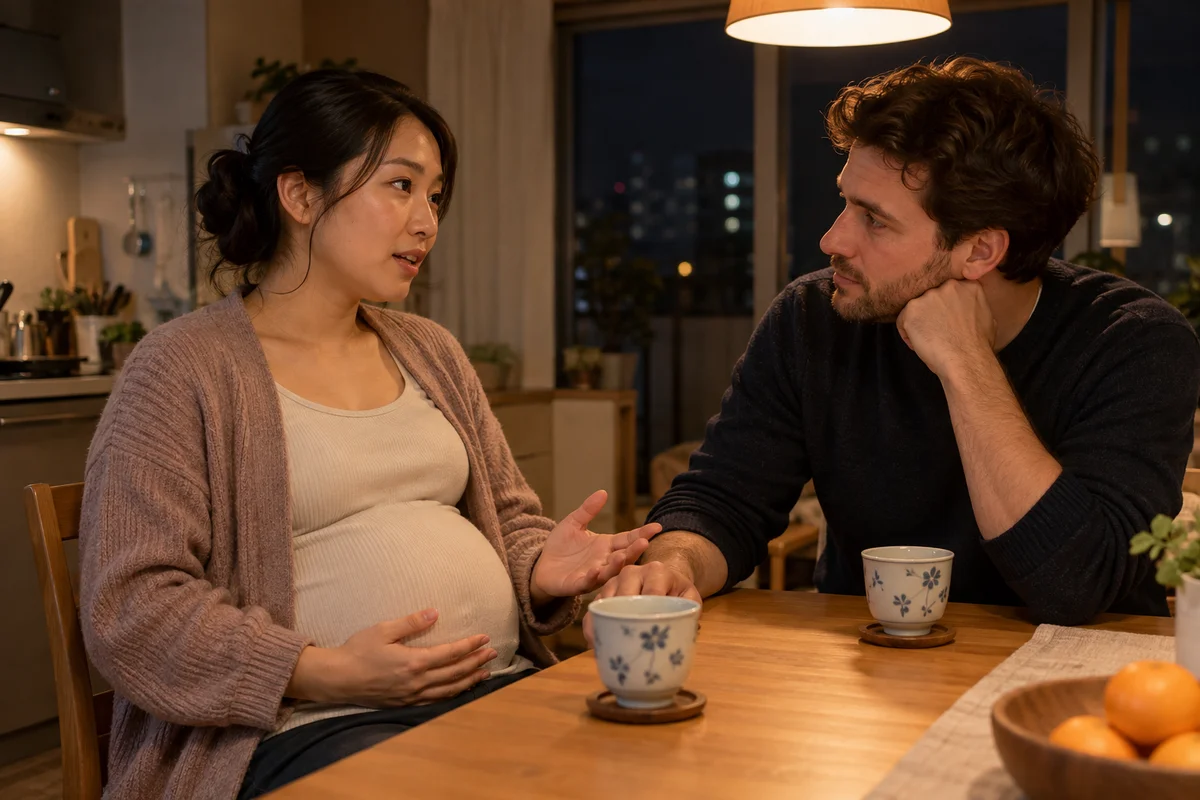 夜のキッチンで、妊娠中の女性とパートナーが小さなテーブルでお茶を前に真剣に話し合っている