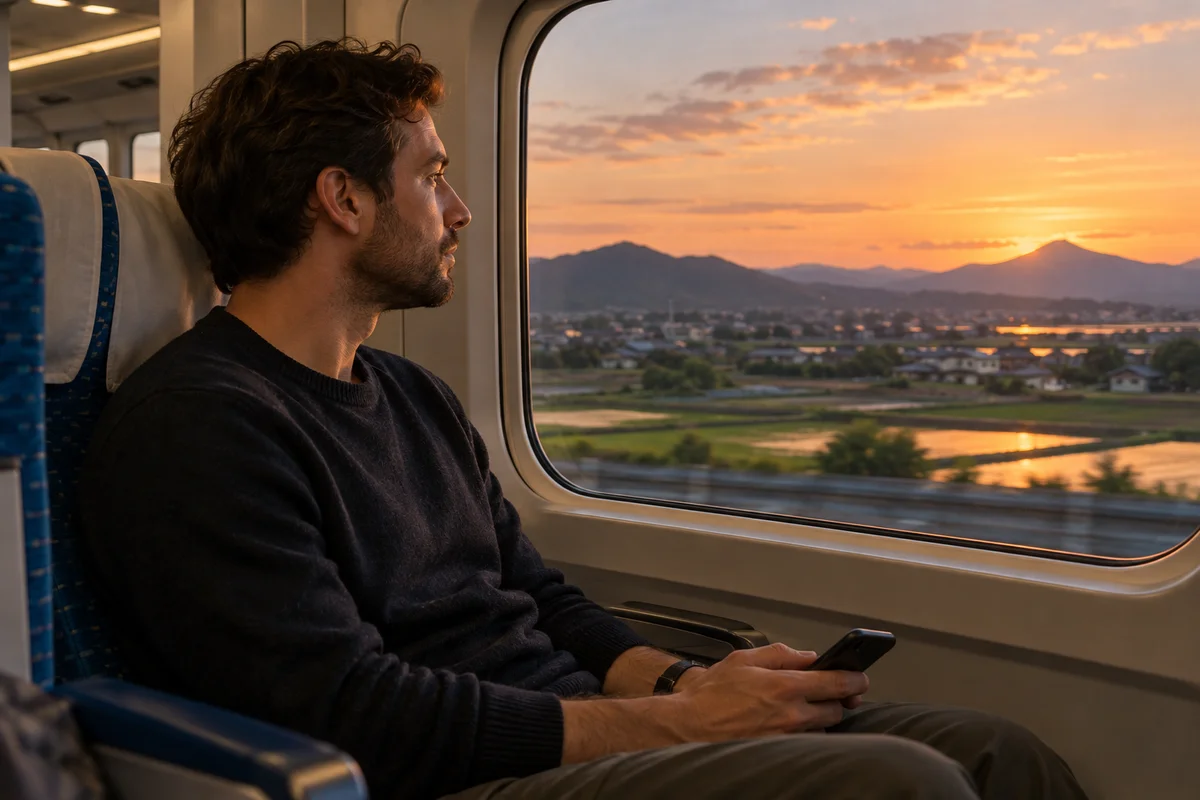 夕暮れの新幹線の窓際の席で、スマホを手に、流れていく田んぼを一人で見つめている男性