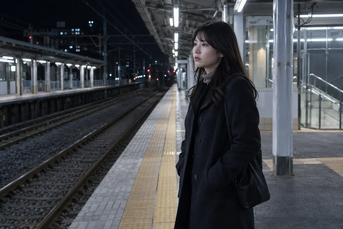 一位年轻女性在日本深夜安静的电车站台上稍稍站开,外套扣得整齐,在冷色调的荧光灯下望向空荡荡的轨道
