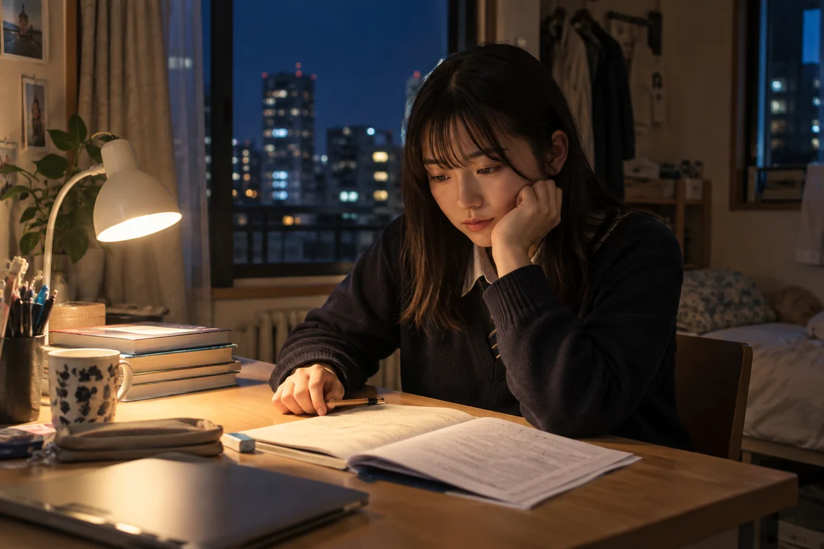 夜の窓辺の机で、課題を前に手を止めて考える学生