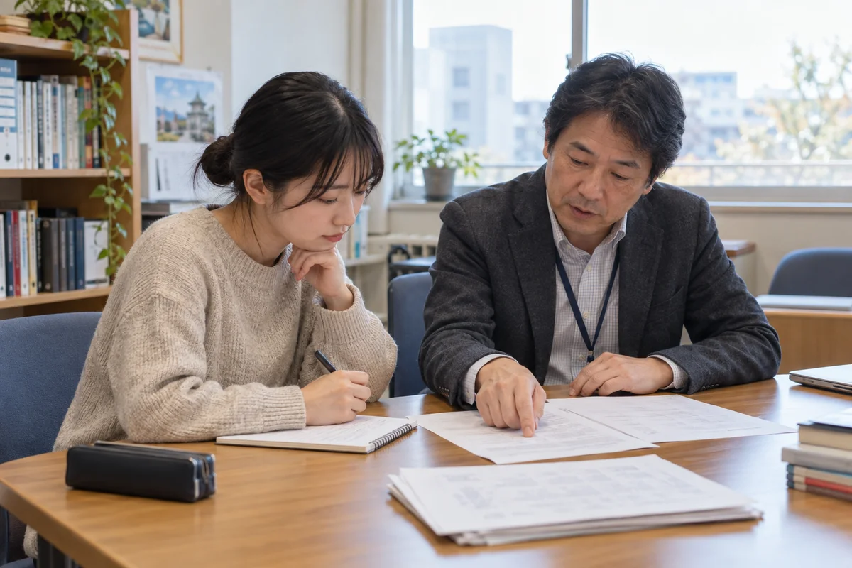 静かな相談室で、学生と相談相手が進路の書類を一緒に確認する様子