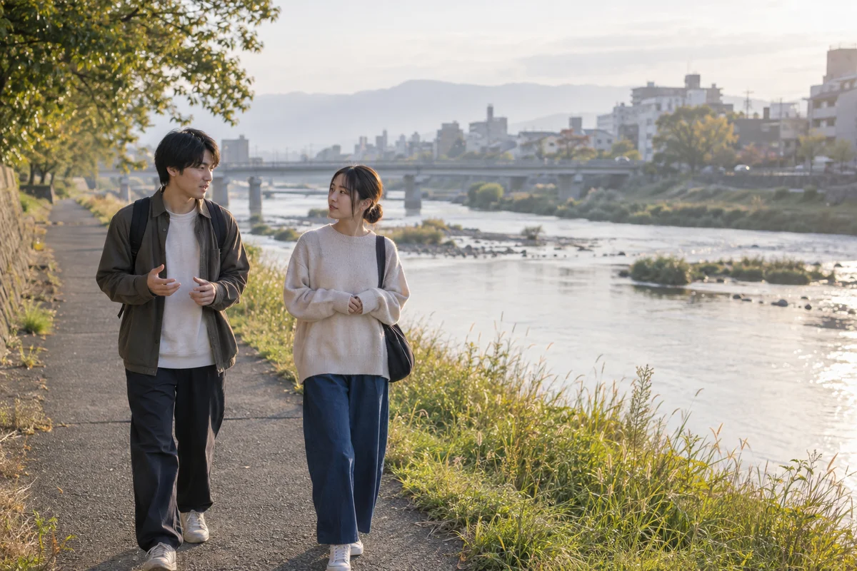 朝の柔らかな光の中、日本の川沿いを並んで歩きながら話す二人