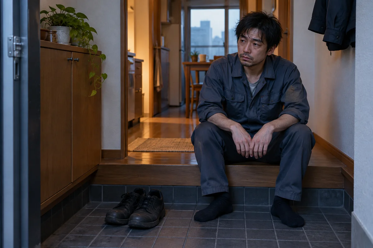 A tired shift worker sitting quietly in a small Japanese apartment entryway after taking off his work shoes in early morning light