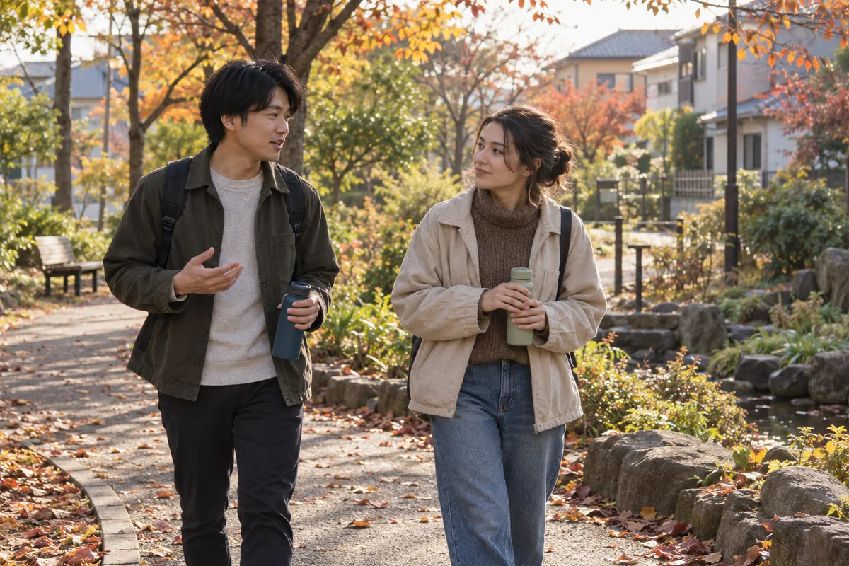 Two adult friends talking during a short walk along a neighborhood park path in Japan under soft autumn afternoon light