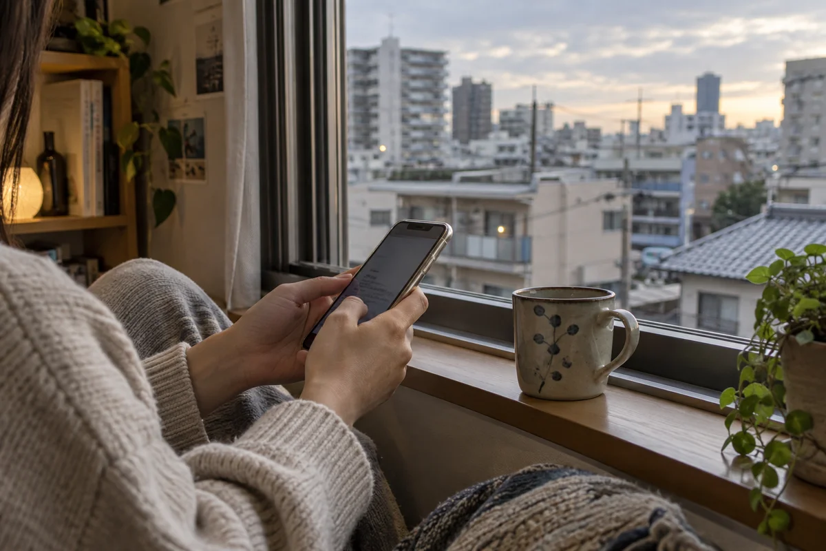 Close view of a person's hands holding a phone beside a mug at an apartment window, taking a quiet moment to catch up with a friend