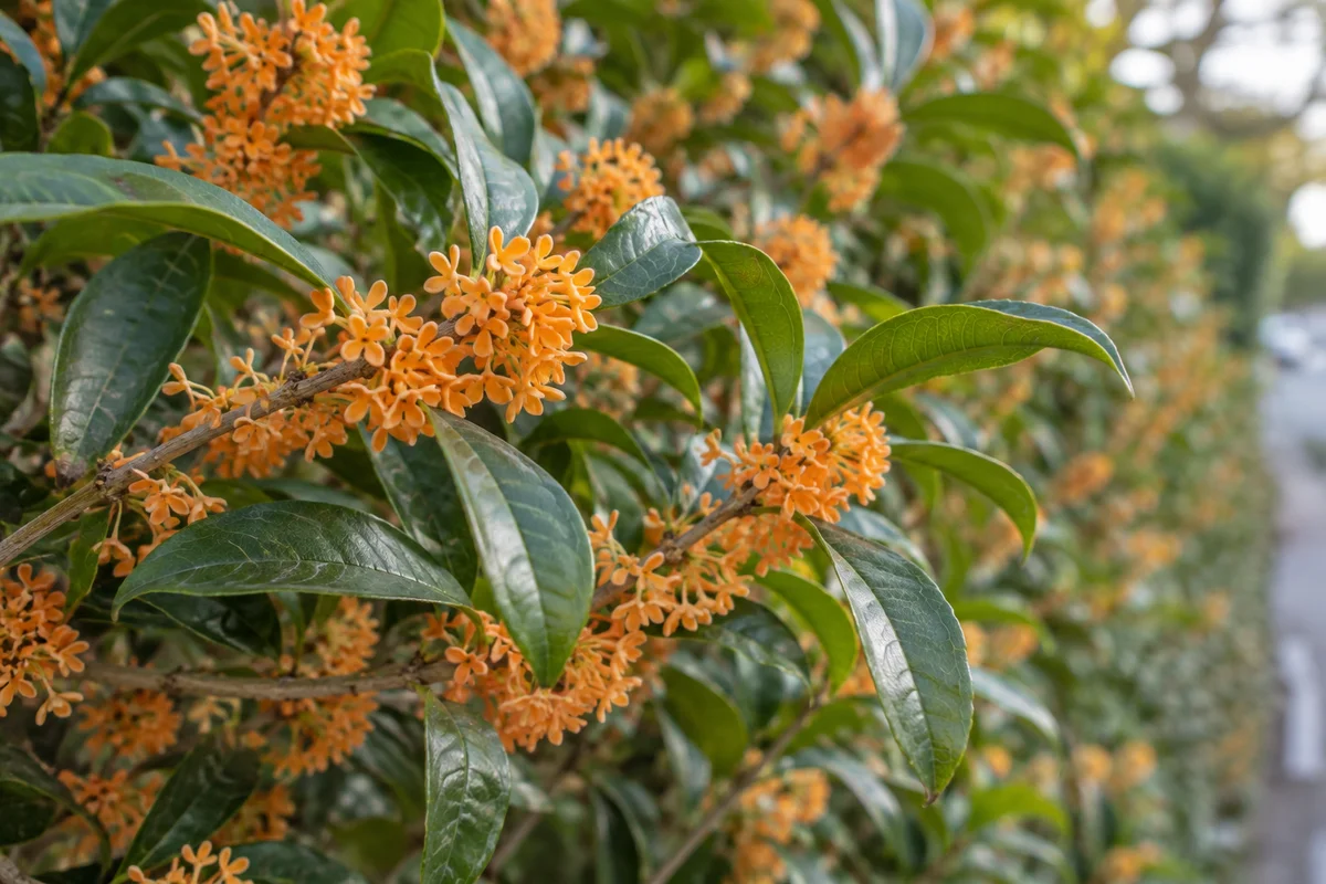 Pequenas flores laranjas de osmanthus-de-cheiro agrupadas ao longo de um galho entre folhas verdes e brilhantes