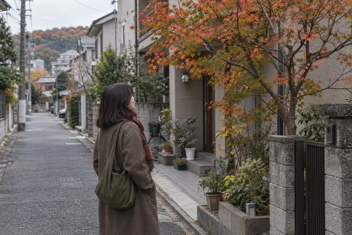 Uma mulher parando sozinha em uma rua residencial tranquila do Japão sob uma luz suave e nublada