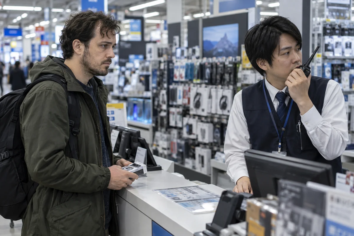 一位外国顾客站在日本电器店的服务柜台前,店员正对着对讲机说话