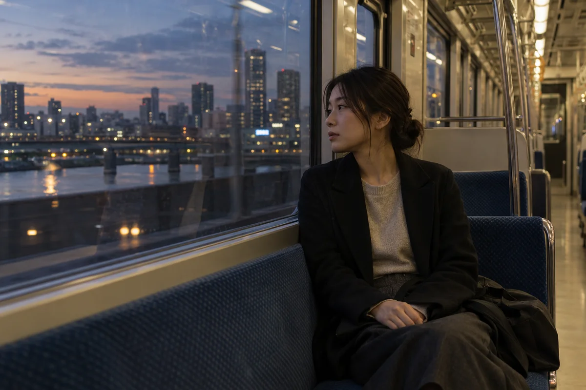 黄昏时分,一位女性独自坐在电车上,望着窗外若有所思