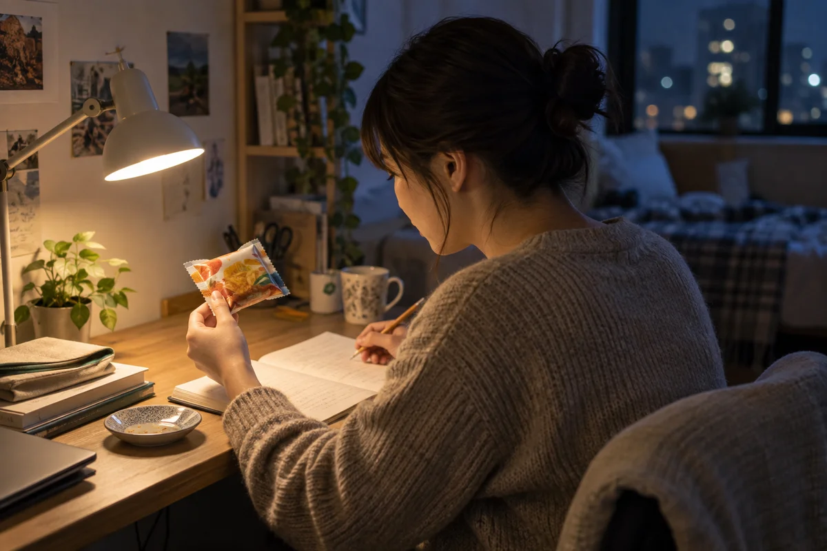 暖かな机の明かりの下で、食品の包装とノートを見比べながら言葉を確かめる人