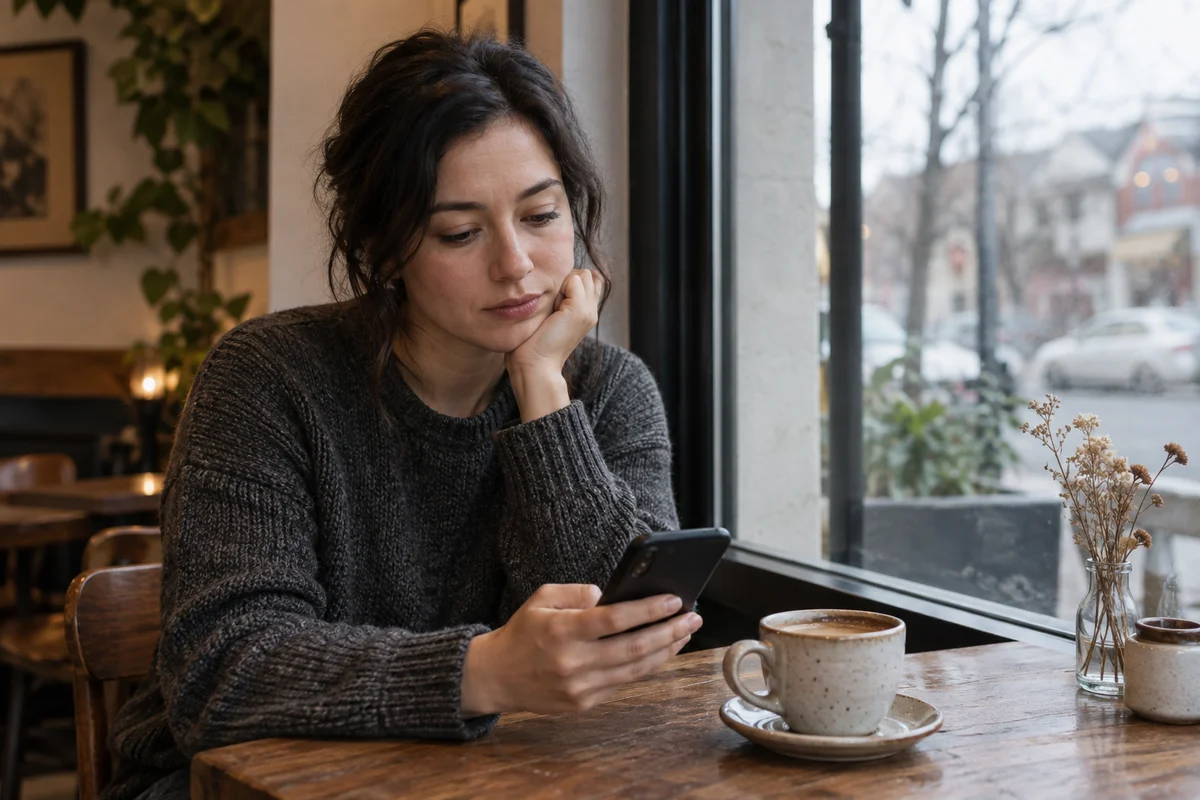 A person pausing over a phone beside a cafe window, looking thoughtful in soft gray daylight