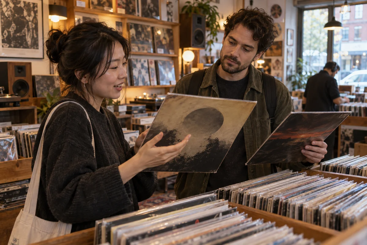 Two people comparing records in a warmly lit shop, listening to each other with different reactions to an album