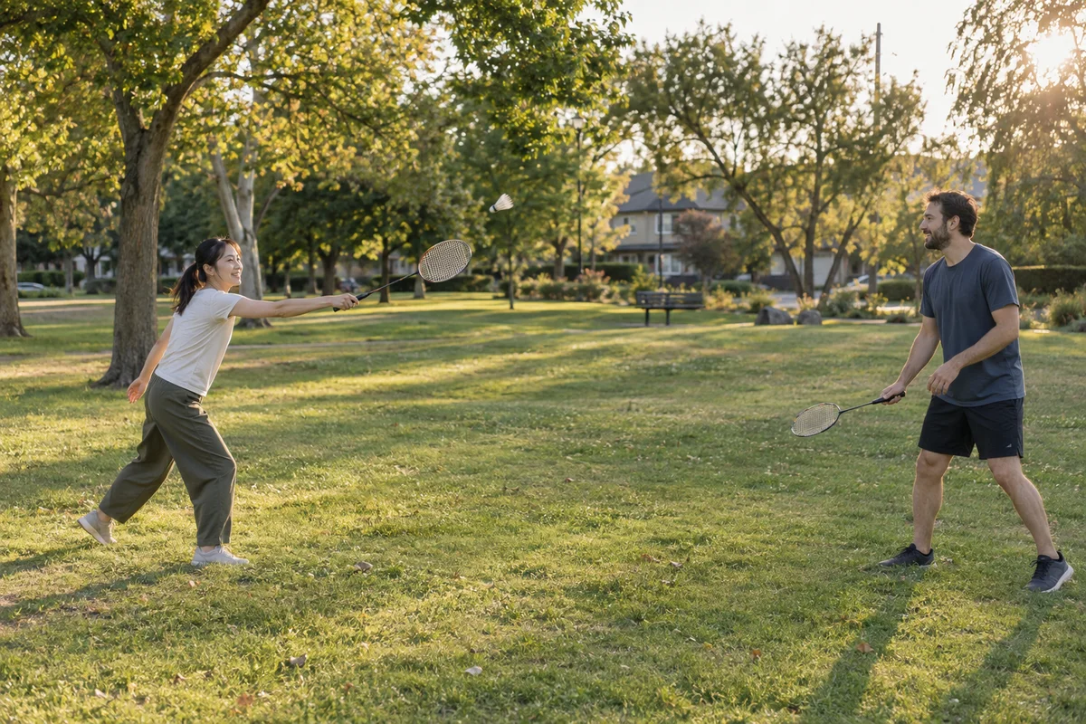 Two friends practicing badminton in a leafy neighborhood park in late-afternoon light