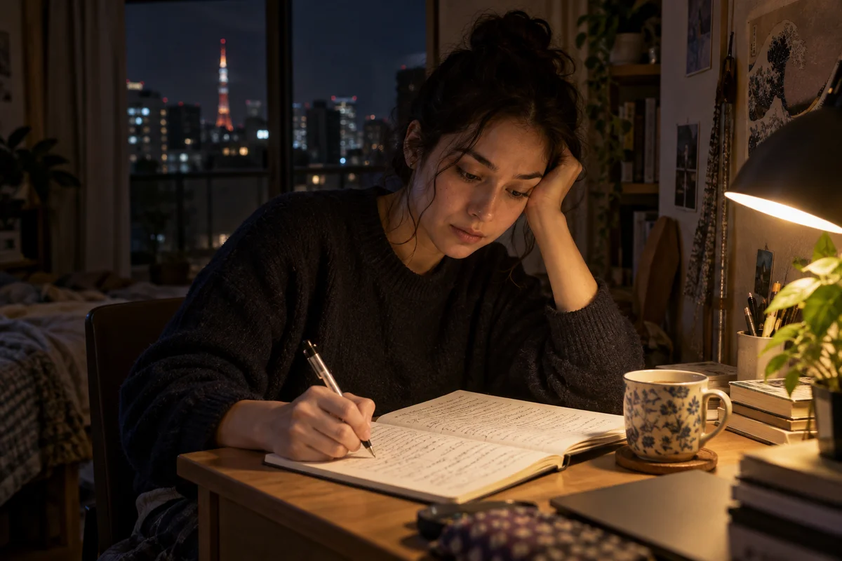 Un apprenant qui étudie seul à un bureau le soir, avec un carnet et une lampe chaleureuse