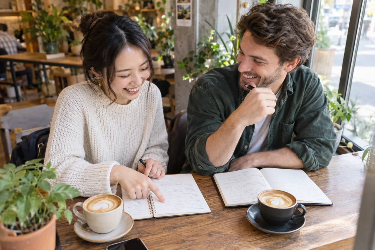 Deux amis qui rient au-dessus de carnets et de cafés pendant un échange linguistique détendu dans un café lumineux