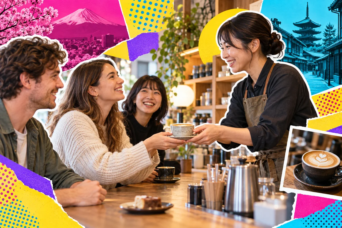 Cliente estrangeiro habitual conversando com um barista japonês no balcão durante um período tranquilo