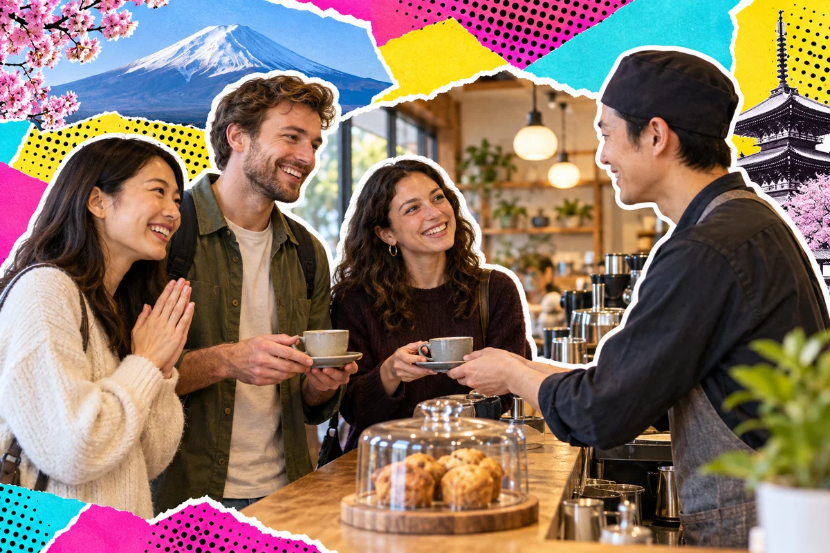 Caixa de biscoitos embalados individualmente e cartão dobrado ao lado de uma xícara numa mesa de café