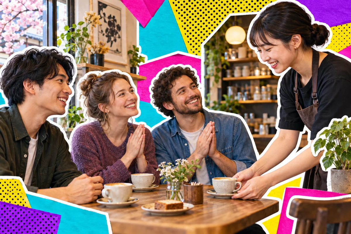 Amigos adultos japoneses e estrangeiros conversando de maneira descontraída ao redor de uma mesa de café