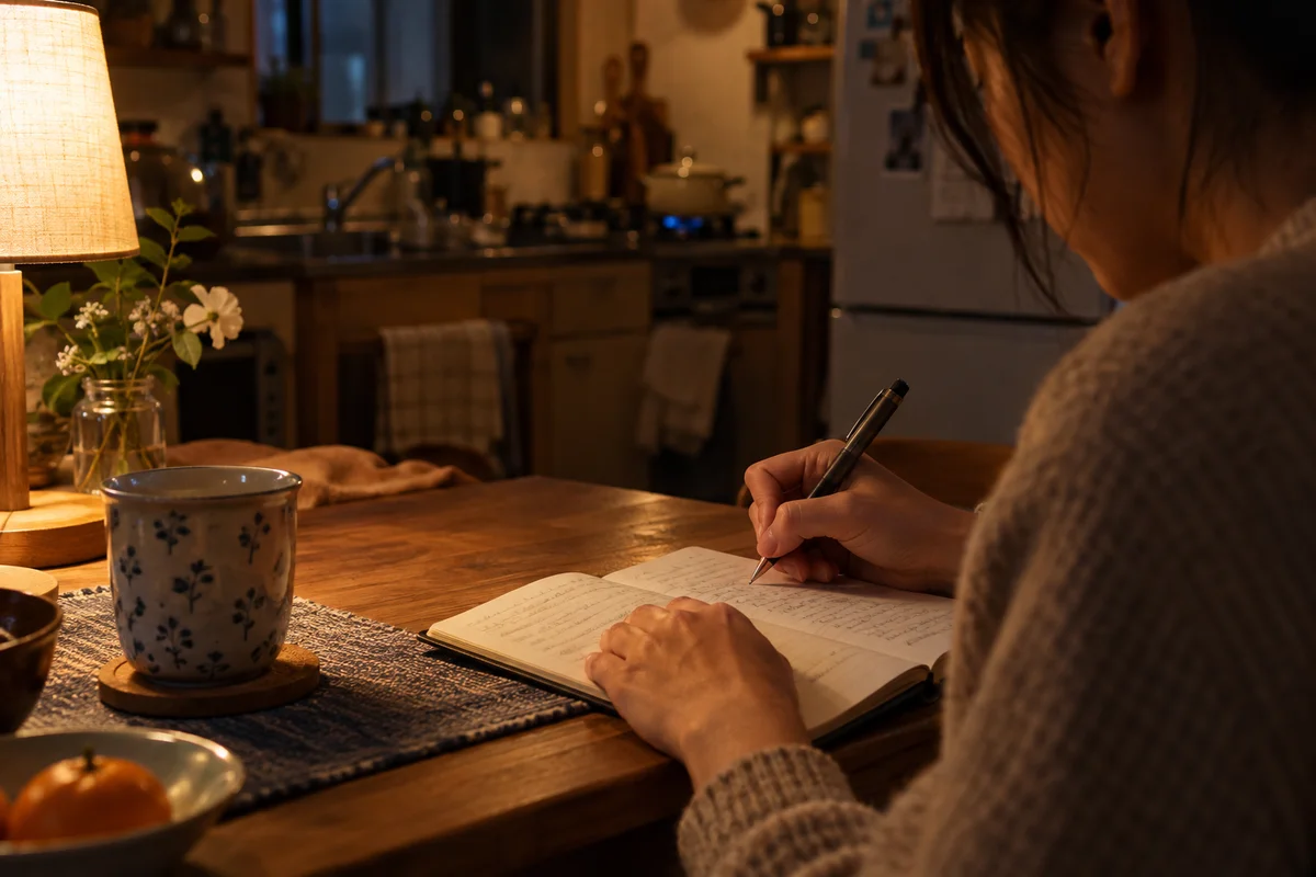 Mãos de uma mulher escrevendo anotações com datas num caderninho, à noite, na mesa da cozinha, sob a luz quente de uma única luminária