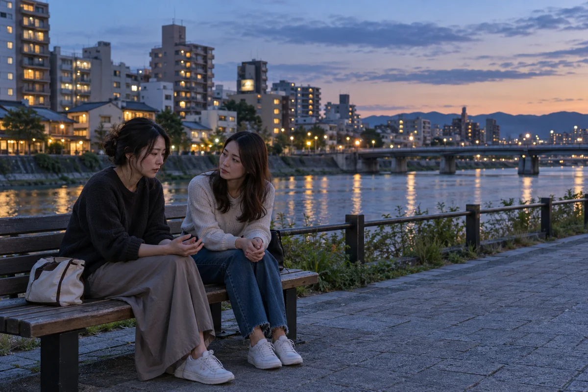 Duas mulheres sentadas num banco à beira de um rio numa cidade japonesa ao entardecer. Uma fala baixinho e a outra escuta com atenção. Luz suave e azulada do fim de tarde