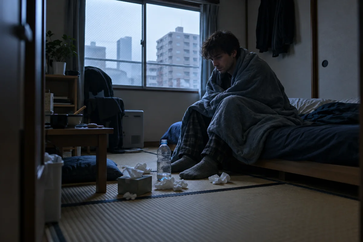 A young man sitting alone on the edge of a bed in a dim small Japanese apartment, recovering from a cold
