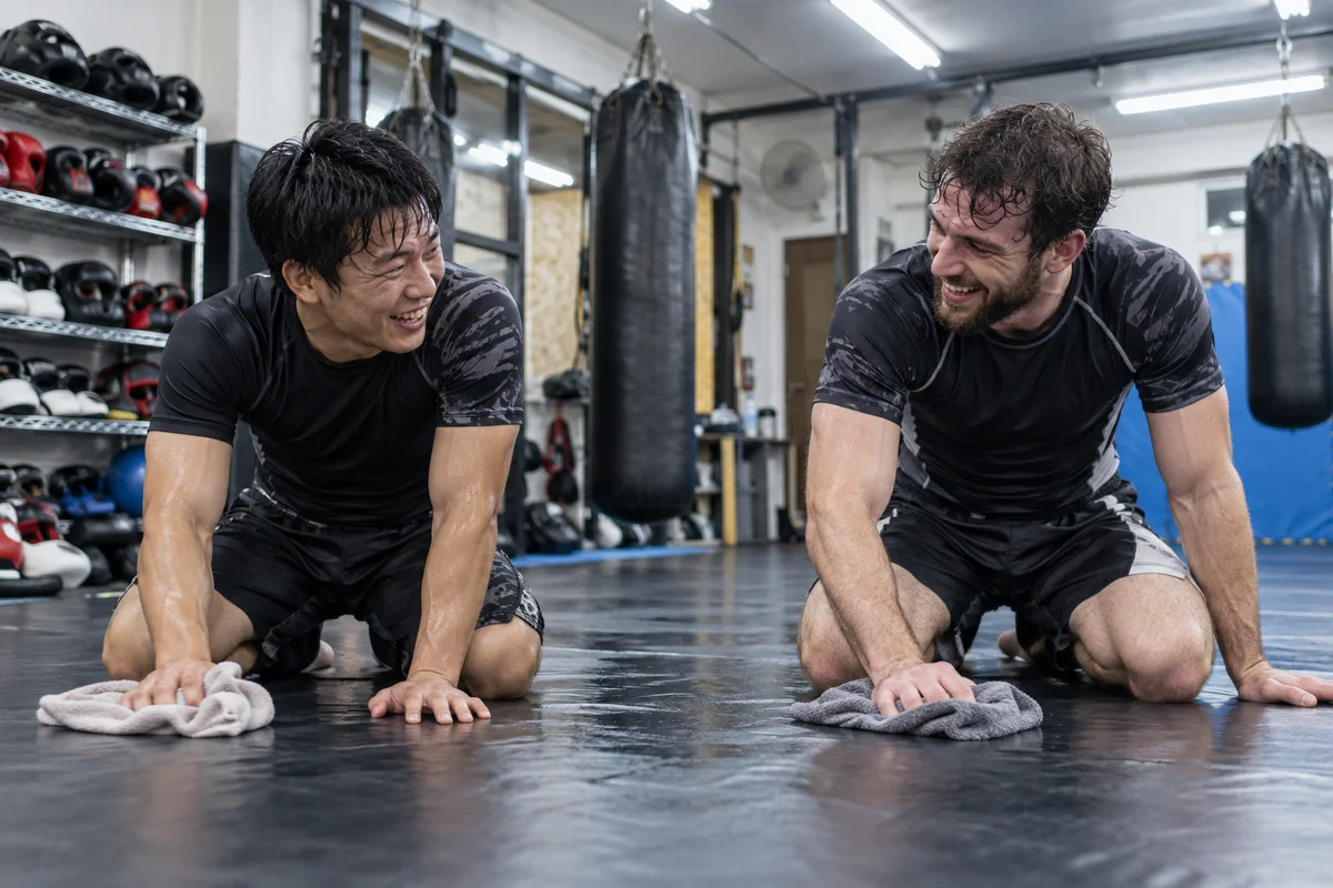 Two men in rash guards wiping down mats together in a quiet martial arts gym after the evening class