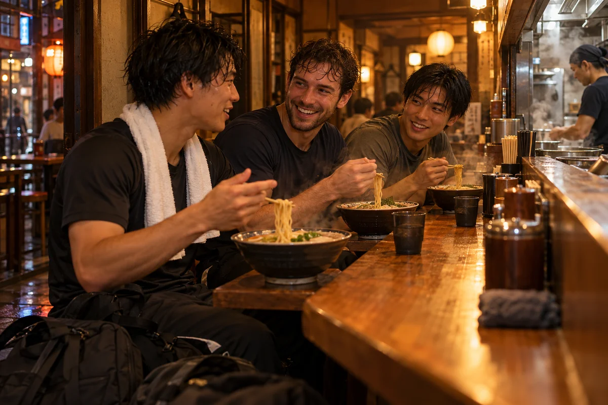 Three young men eating ramen side by side at a narrow late night counter, still carrying gym bags