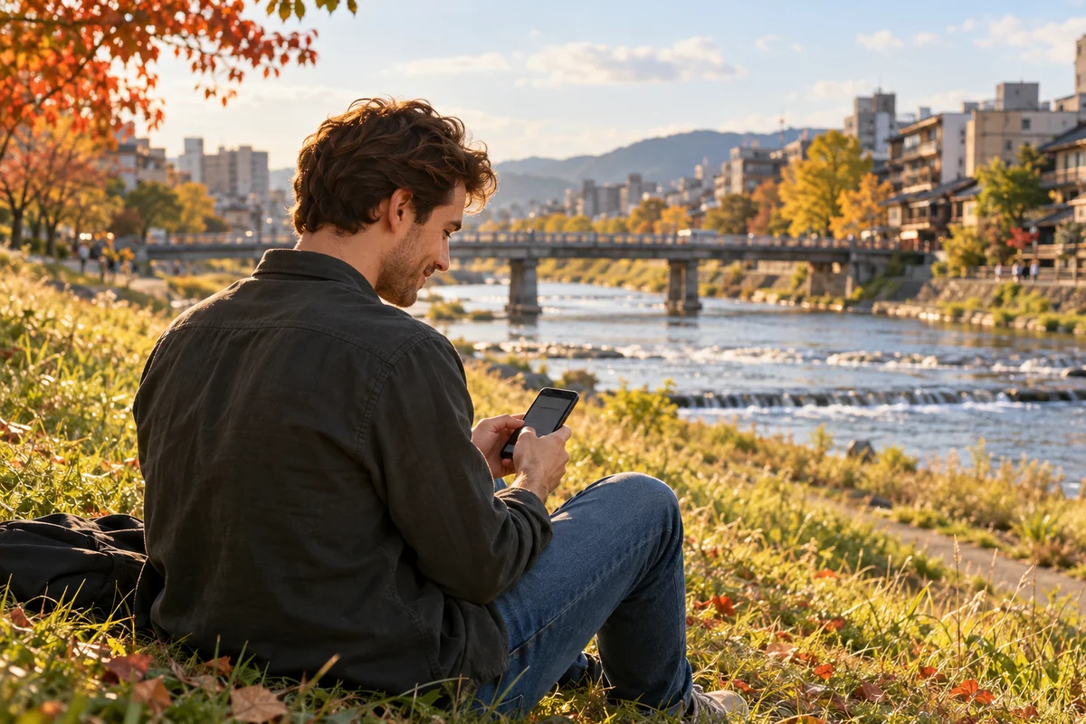 A young man sitting on a riverside bank in afternoon sun typing a message, seen from over his shoulder