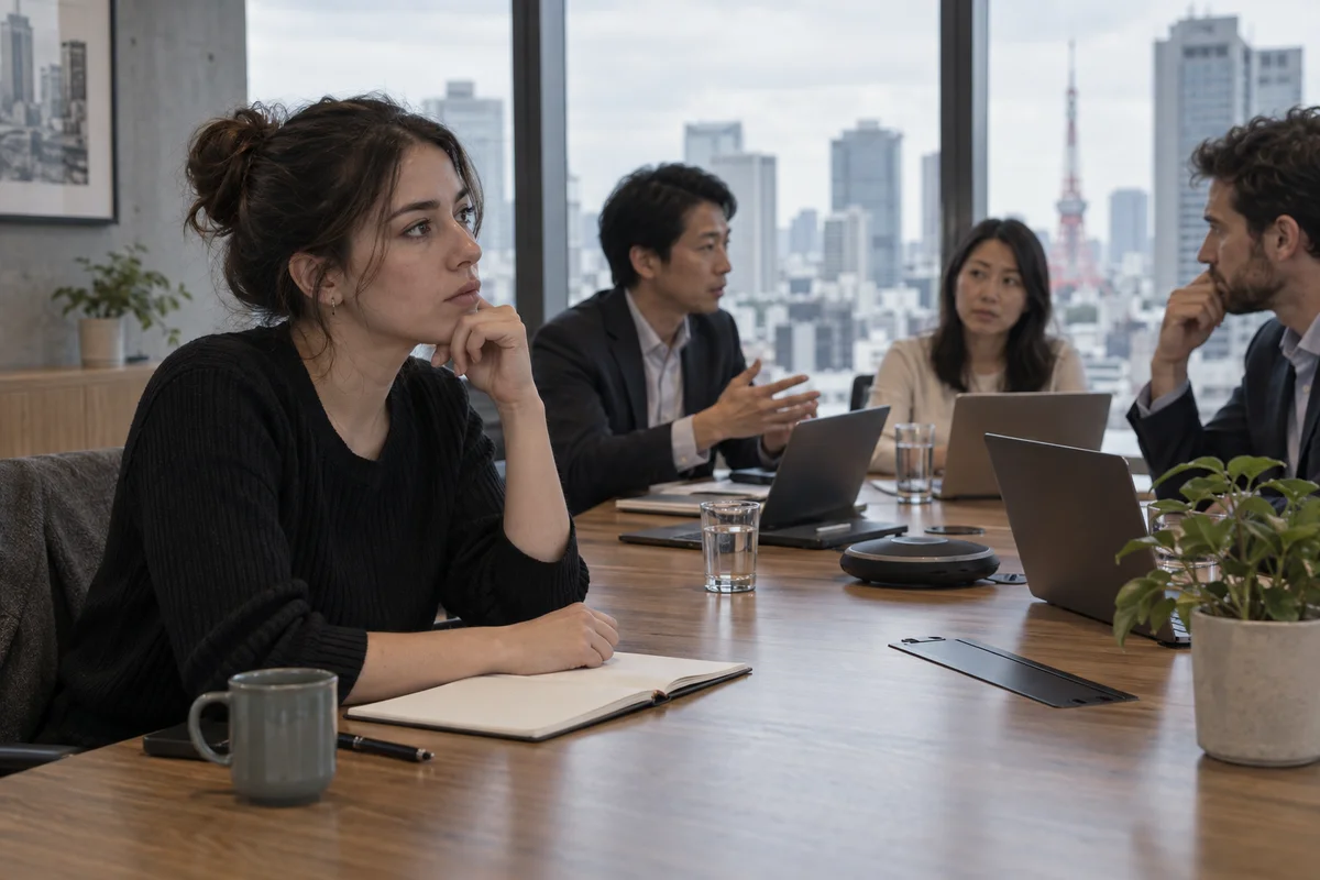 An employee at the edge of a Tokyo office meeting, listening carefully while colleagues discuss work across the table