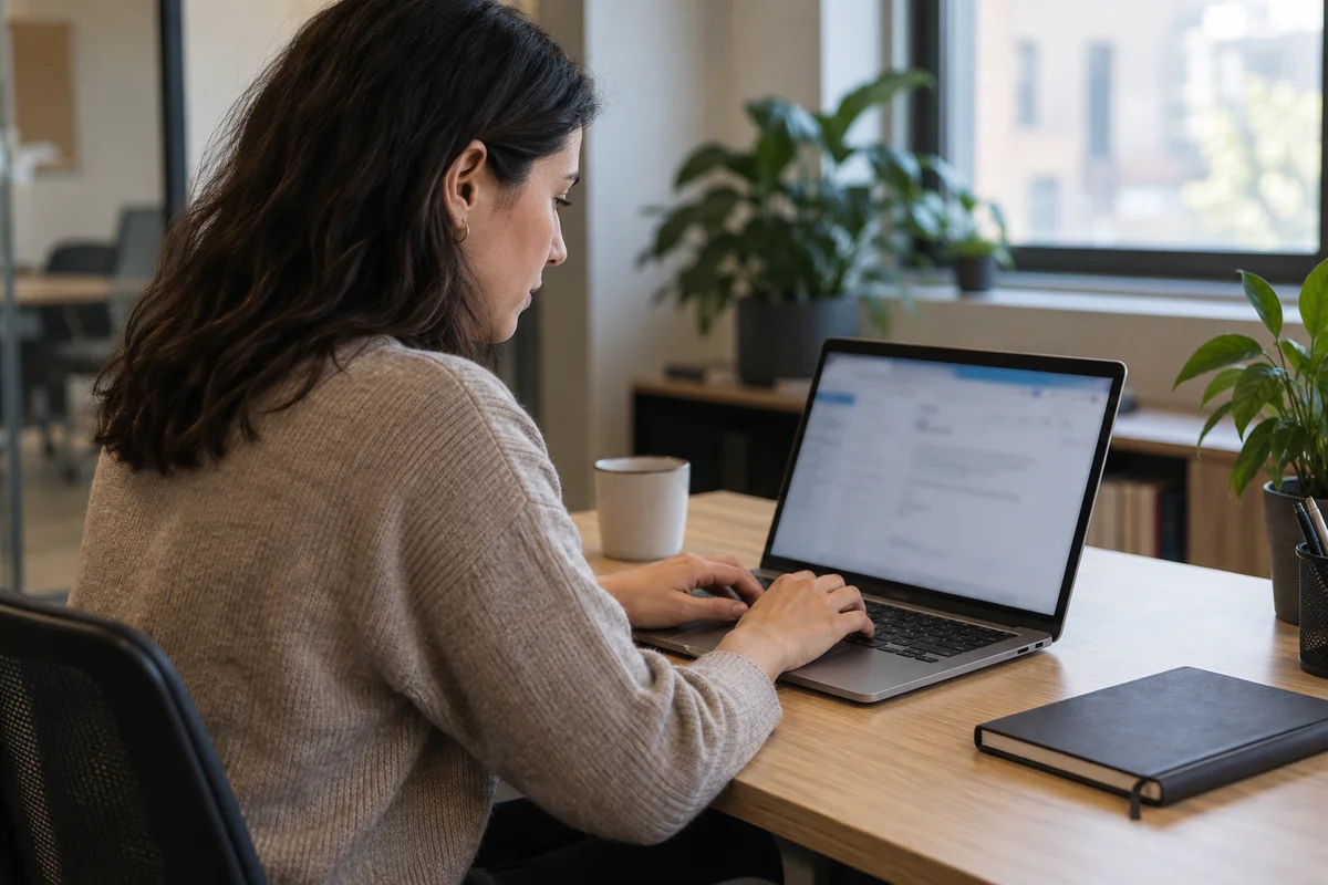 Close view of a worker drafting a meeting recap at a quiet desk, with a closed notebook and soft daylight