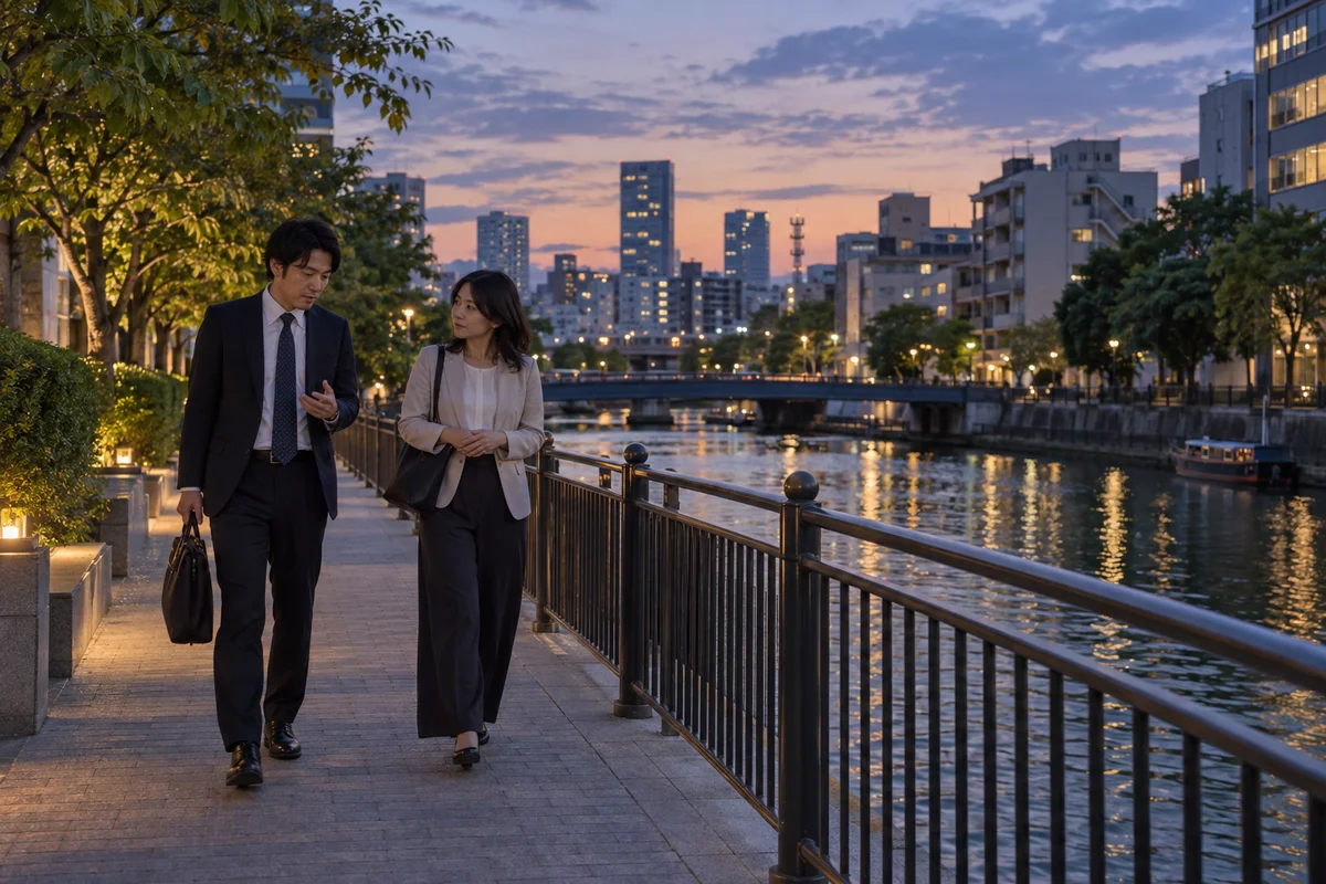 Two friends talking quietly while walking beside a canal after work in Tokyo at dusk