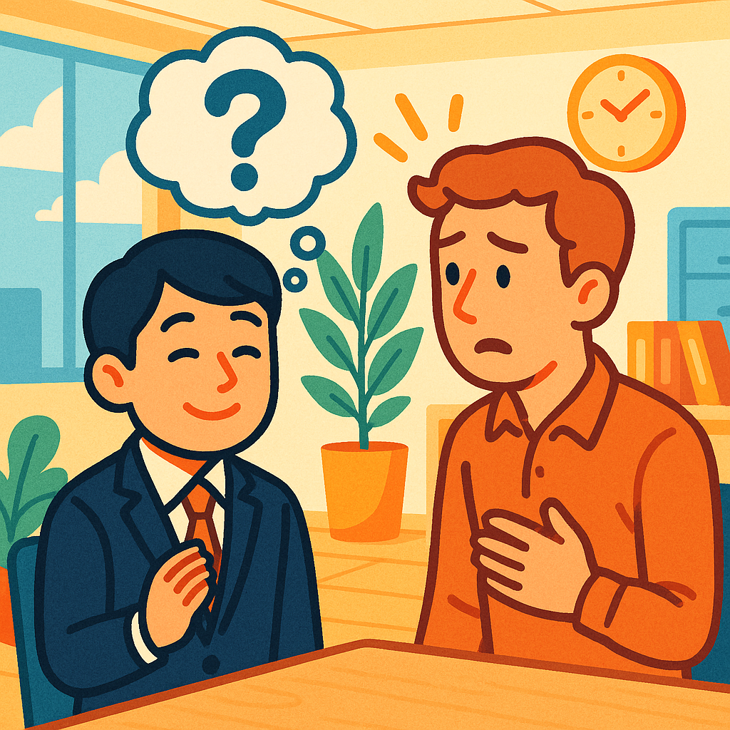 笑顔で頷いているけれど内心は困っている日本人社員と、伝わったか分からず戸惑う外国人の同僚