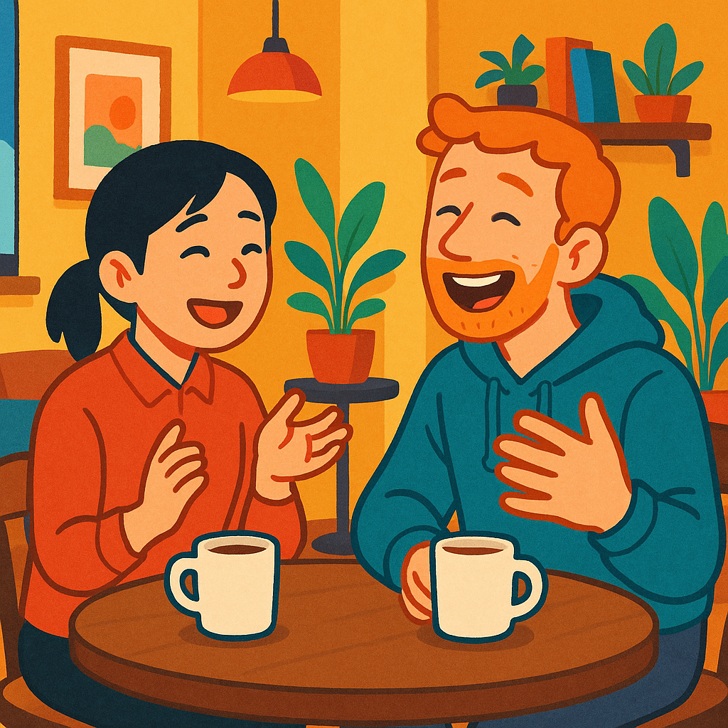 日本人と外国人が、たどたどしい言葉で笑い合いながらリラックスして会話しているカフェの風景
