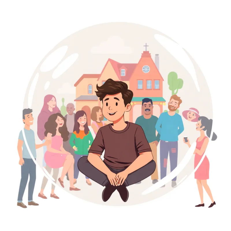 透明な泡の中にいる人と、その外で楽しそうに過ごす現地の人たちのイラスト