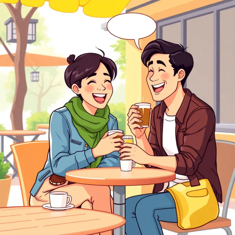 カフェでリラックスして笑いながら話す現地の友達同士のイラスト