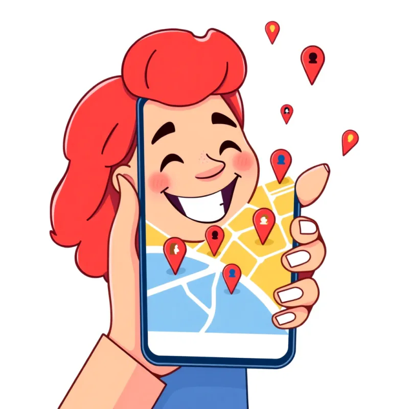 スマホの地図に近くの友達候補が表示されているのを見ている人のイラスト