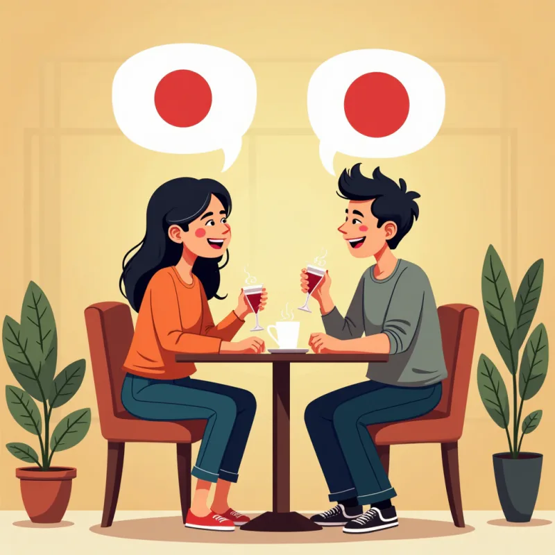 カフェで英語と日本語を気軽に交換しながら笑い合う2人の友達