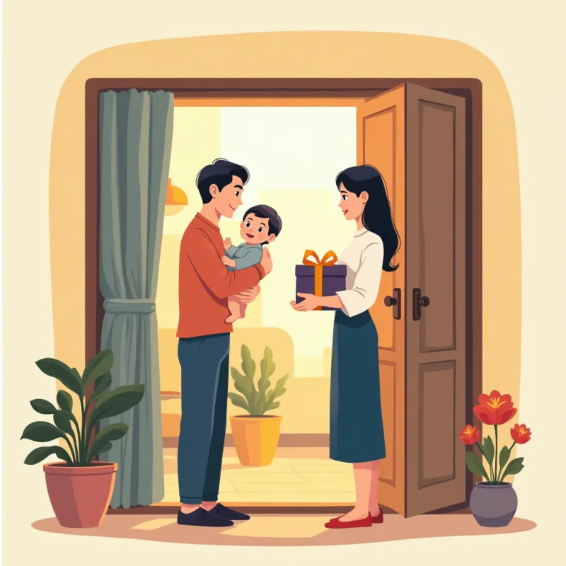 Colorful cartoon illustration: a young Japanese couple holding a baby knocking and bowing politely at a Western neighbor's open apartment doorway, a friendly smiling Western woman accepting a small wrapped gift, warm welcoming atmosphere, soft bright colors, modern illustration style, no text