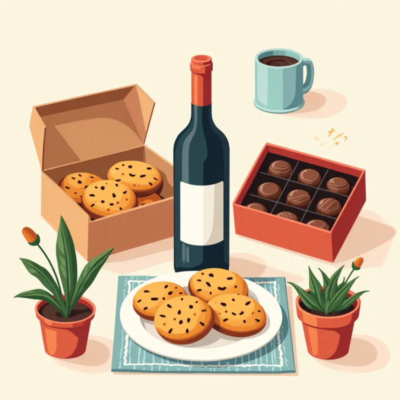 Colorful cartoon illustration: a casual flat-lay of friendly Western neighbor gifts, a plate of homemade cookies, a box of chocolates, a bottle of wine, a small potted plant, relaxed and informal, bright cheerful colors, modern illustration style, no text