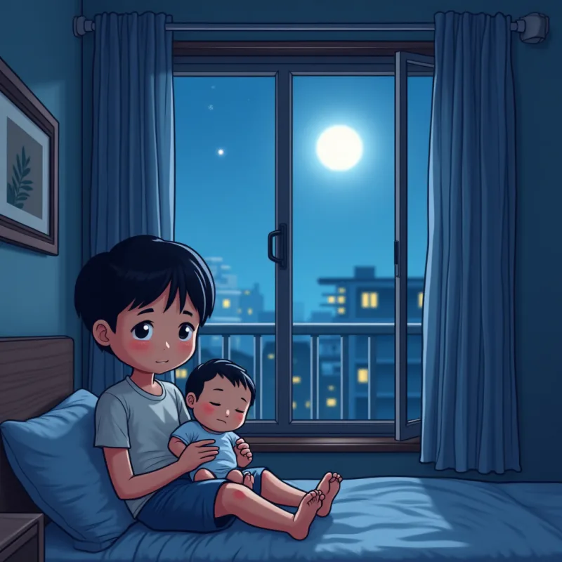 Colorful cartoon illustration: a tired young Japanese parent alone at night holding a baby by the window of a foreign apartment, soft blue moonlight, a lonely quiet mood, modern illustration style, no text