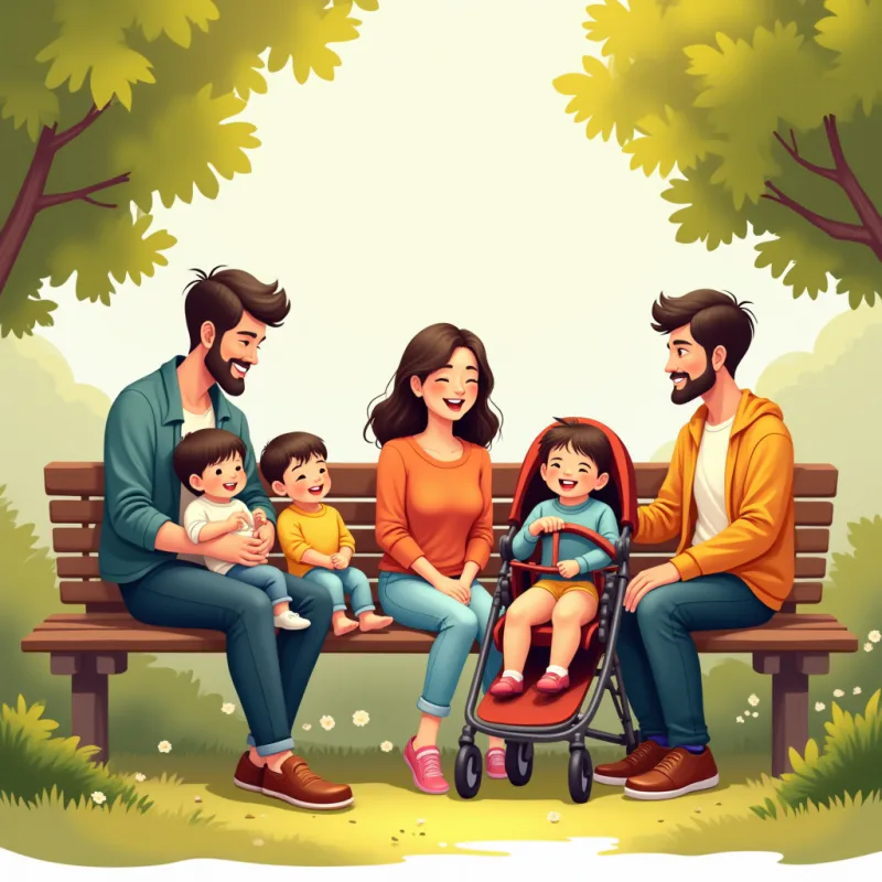 Colorful cartoon illustration: a small diverse group of young parents from different countries sitting together in a sunny park with strollers and babies, a Japanese mother laughing and relaxed among them, warm bright colors, modern illustration style, no text
