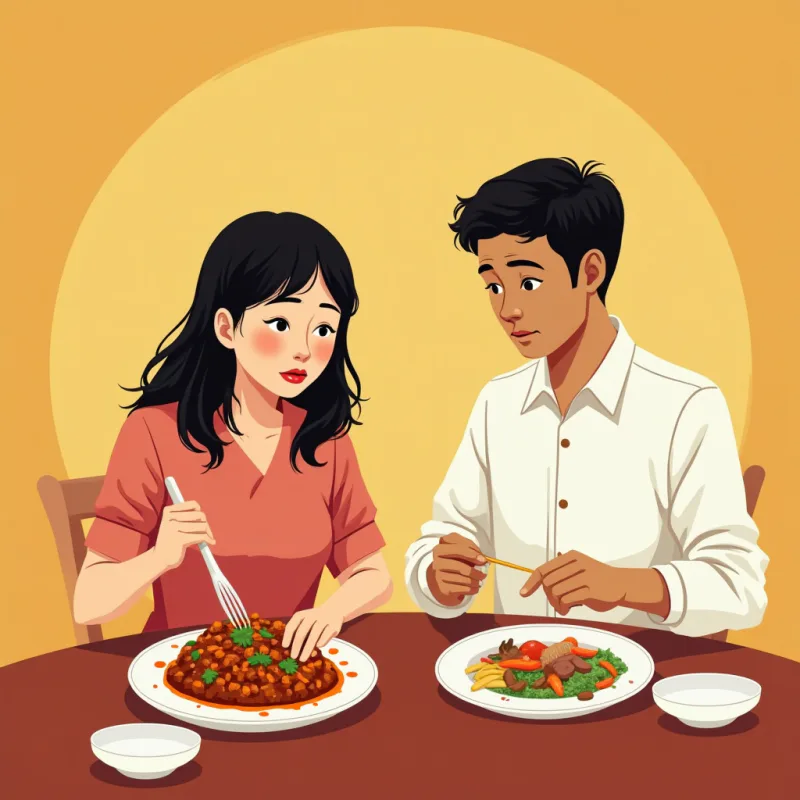 同じテーブルで、日本人が香辛料の効いた外国の料理に戸惑い、外国人が繊細な和食を物足りなそうに見ている、ポップな色使いのイラスト