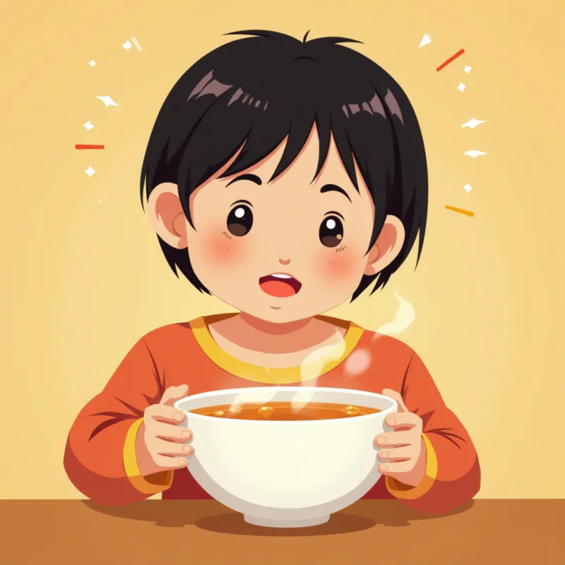 日本人が澄んだスープを一口飲んで、戸惑いから笑顔に変わる「カチッ」とハマった瞬間、暖かい光のイラスト