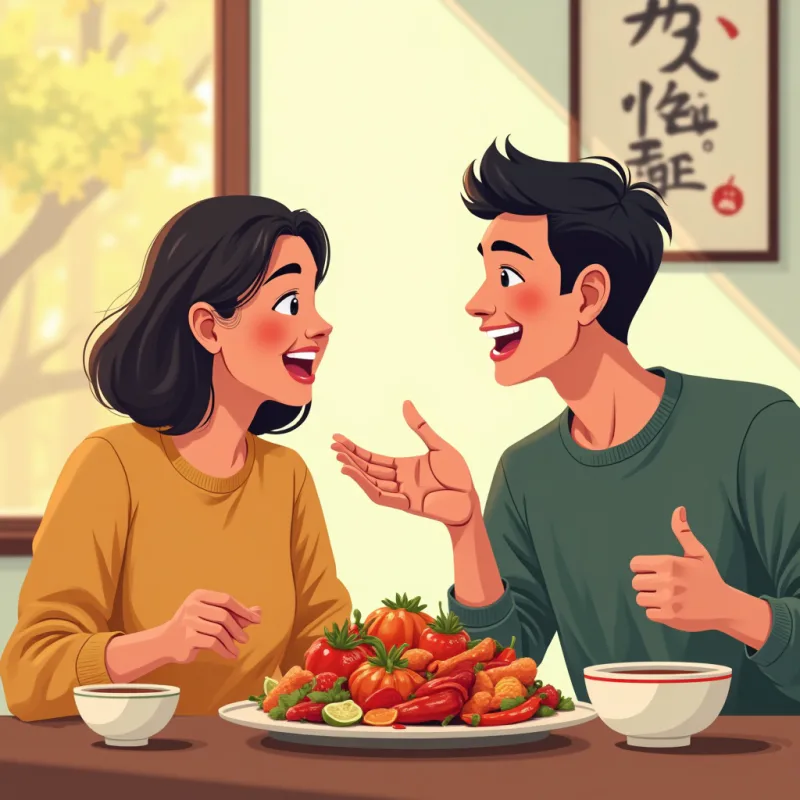 外国人の友達と日本人が、色鮮やかなスパイス料理を一緒に分け合いながら、身振り手振りで楽しそうに説明している、午後の暖かい光のイラスト
