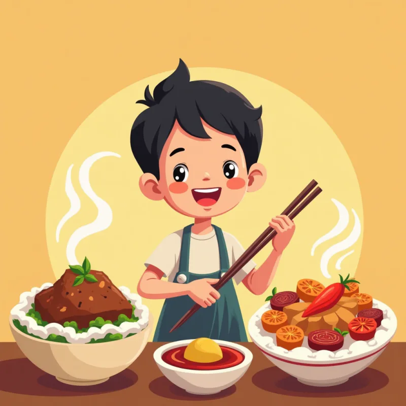 二つの舌を手に入れた日本人が、片側にスパイスの効いた外国料理、もう片側に繊細な和食を並べて、両方を笑顔で楽しんでいる、バランスの取れた満足げなイラスト