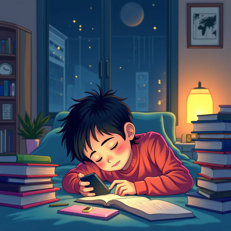 夜の部屋で英語アプリと単語帳に囲まれ、惰性で勉強するひとりの人