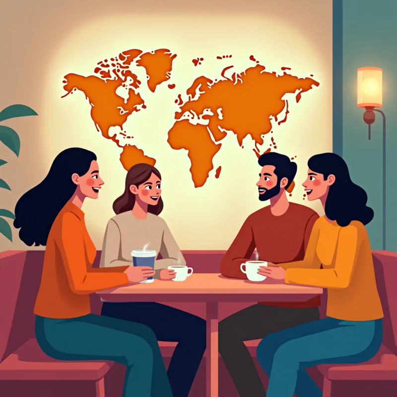 地図とピンの光を囲んで、多国籍の友達がカフェで笑い合うイラスト