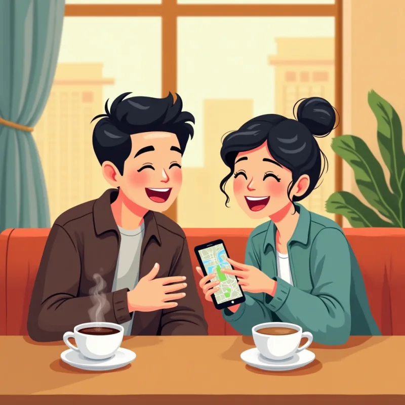 カフェでリラックスして笑い合う二人、一人がスマホの地図を見せている