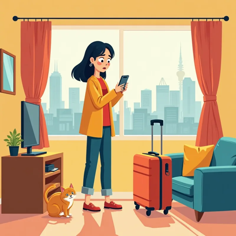 不安そうな女性とおびえた猫、空っぽの連絡先を見つめるスマホ