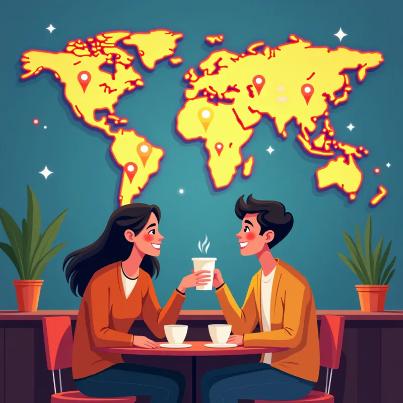 地図とピンの近くでコーヒーを飲みながら話す、日本人と現地の人